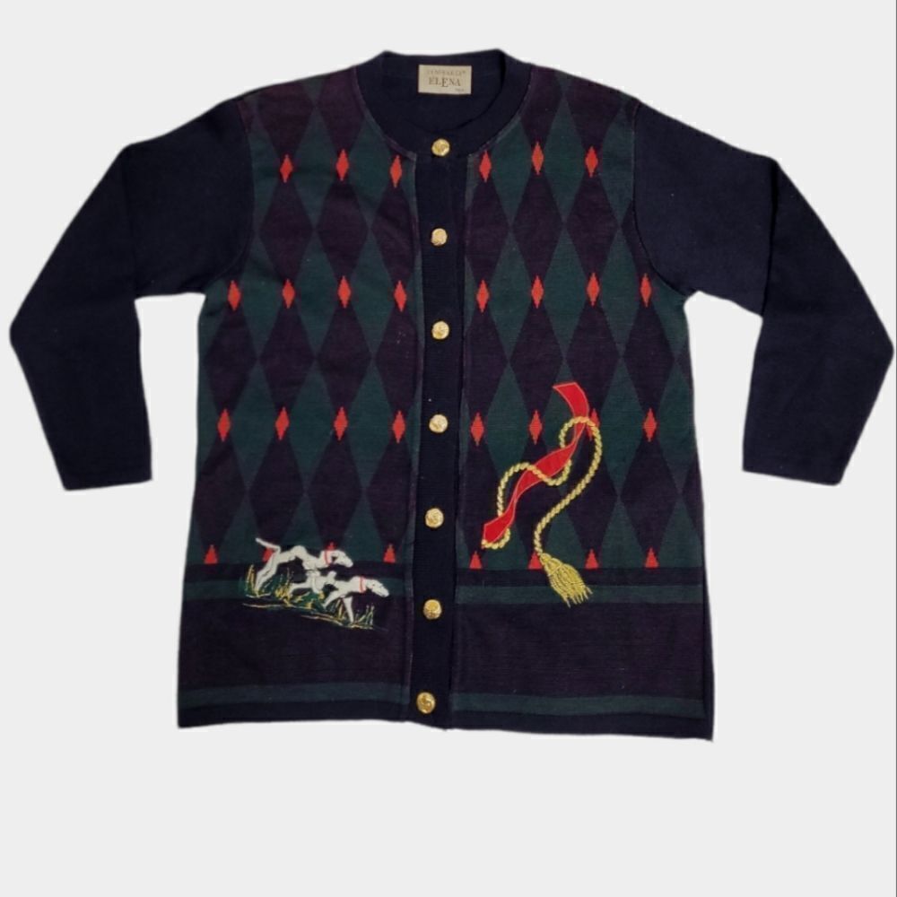 VINTAGE 80s cardigan embroidered dogs equestrian wool‎ button up sweater M
